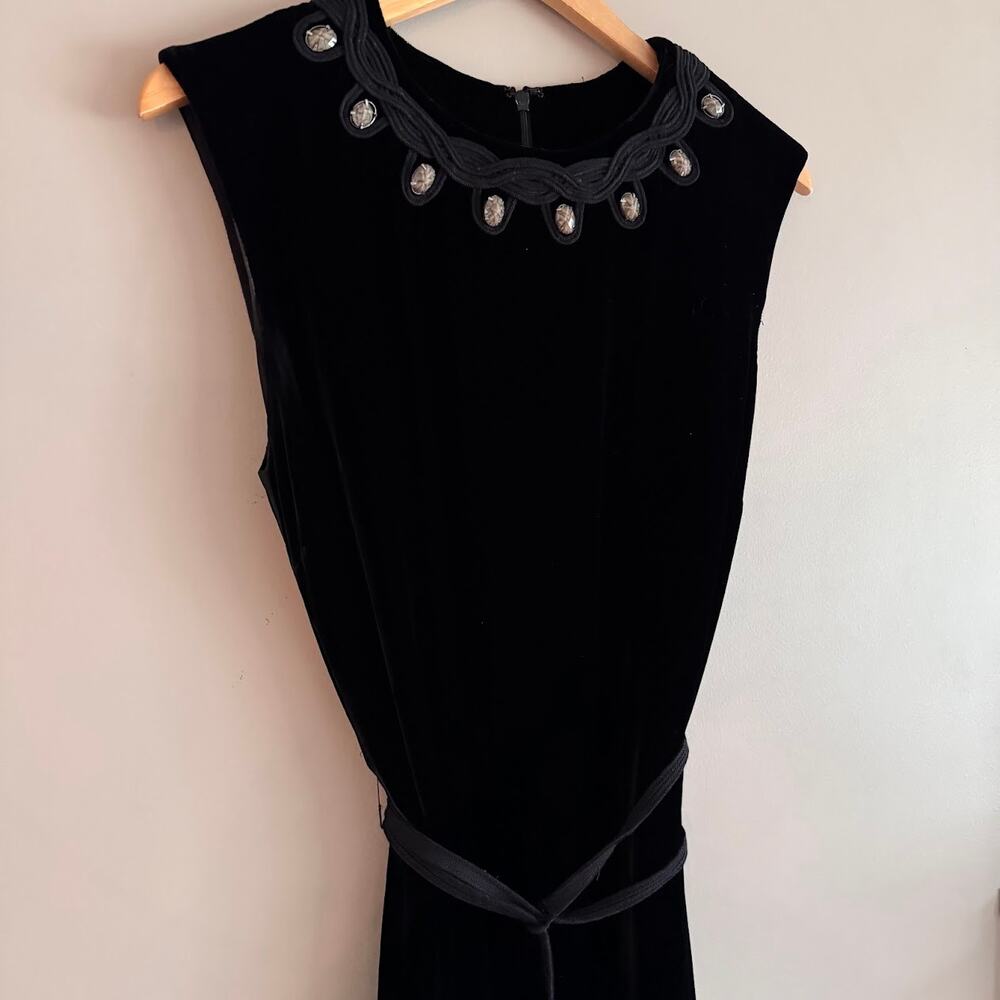Tory Burch Black Velvet Embellished Neckline Short Sleeve Dress Size 10 - Picture 4 of 8